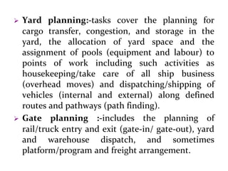  Yard planning:-tasks cover the planning for
cargo transfer, congestion, and storage in the
yard, the allocation of yard space and the
assignment of pools (equipment and labour) to
points of work including such activities as
housekeeping/take care of all ship business
(overhead moves) and dispatching/shipping of
vehicles (internal and external) along defined
routes and pathways (path finding).
 Gate planning :-includes the planning of
rail/truck entry and exit (gate-in/ gate-out), yard
and warehouse dispatch, and sometimes
platform/program and freight arrangement.
 