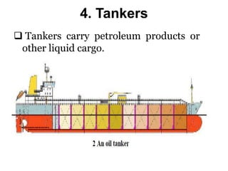 4. Tankers
 Tankers carry petroleum products or
other liquid cargo.
 