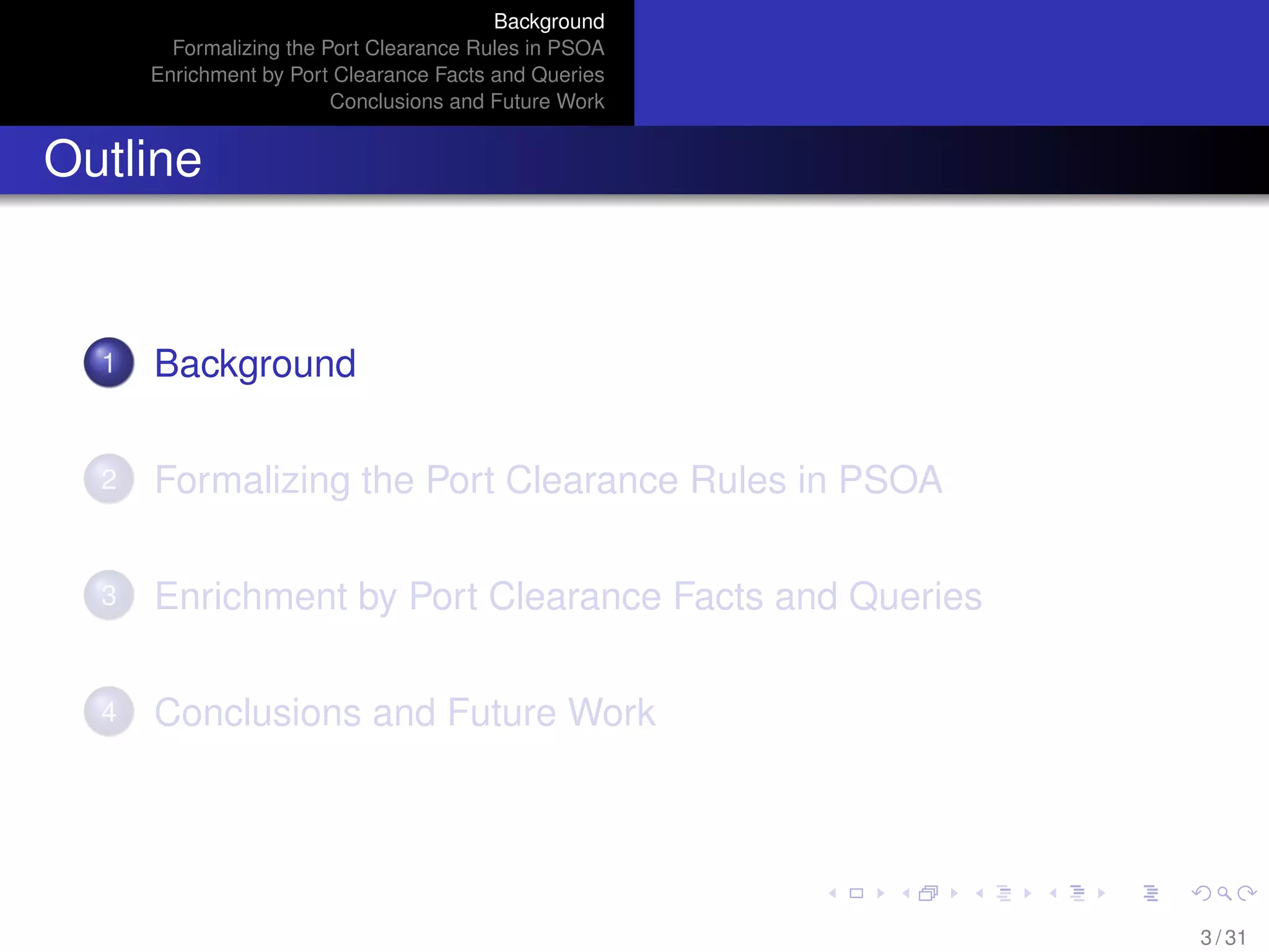 Background
Formalizing the Port Clearance Rules in PSOA
Enrichment by Port Clearance Facts and Queries
Conclusions and Future Work
Outline
1 Background
2 Formalizing the Port Clearance Rules in PSOA
3 Enrichment by Port Clearance Facts and Queries
4 Conclusions and Future Work
3 / 31
 