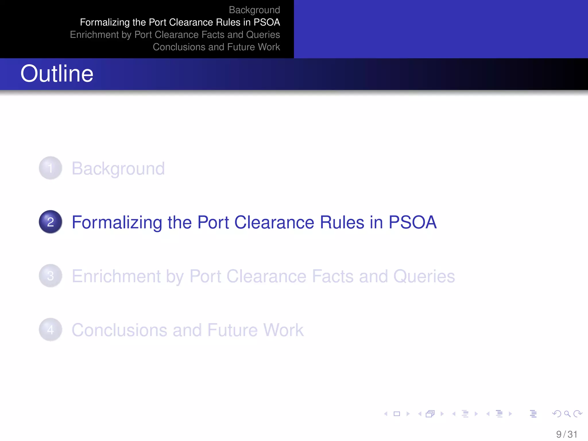 Background
Formalizing the Port Clearance Rules in PSOA
Enrichment by Port Clearance Facts and Queries
Conclusions and Future Work
Outline
1 Background
2 Formalizing the Port Clearance Rules in PSOA
3 Enrichment by Port Clearance Facts and Queries
4 Conclusions and Future Work
9 / 31
 