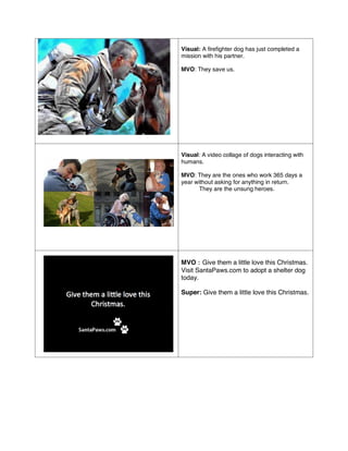 Visual: A firefighter dog has just completed a
mission with his partner.
MVO: They save us.
Visual: A video collage of dogs interacting with
humans.
MVO: They are the ones who work 365 days a
year without asking for anything in return.
They are the unsung heroes.
MVO：Give them a little love this Christmas.
Visit SantaPaws.com to adopt a shelter dog
today.
Super: Give them a little love this Christmas.
 