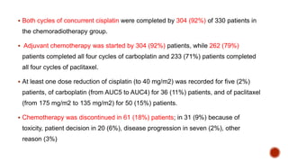  Both cycles of concurrent cisplatin were completed by 304 (92%) of 330 patients in
the chemoradiotherapy group.
 Adjuvant chemotherapy was started by 304 (92%) patients, while 262 (79%)
patients completed all four cycles of carboplatin and 233 (71%) patients completed
all four cycles of paclitaxel.
 At least one dose reduction of cisplatin (to 40 mg/m2) was recorded for five (2%)
patients, of carboplatin (from AUC5 to AUC4) for 36 (11%) patients, and of paclitaxel
(from 175 mg/m2 to 135 mg/m2) for 50 (15%) patients.
 Chemotherapy was discontinued in 61 (18%) patients; in 31 (9%) because of
toxicity, patient decision in 20 (6%), disease progression in seven (2%), other
reason (3%)
 