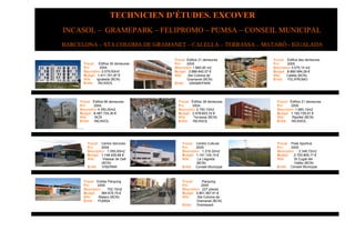 TECHNICIEN D’ÉTUDES. EXCOVER
INCASOL – GRAMEPARK – FELIPROMO – PUMSA – CONSEIL MUNICIPAL
BARCELONA – STA COLOMA DE GRAMANET – CALELLA – TERRASSA – MATARÓ - IGUALADA

                                      Travail Édifice 21 demeures     Travail Édifice des demeures
       Travail Édifice 30 demeures    Fini    2005                    Fini     2005
       Fini       2004                Description 1.860,00 m2         Description 3.575,15 m2
       Description 2.579,00m2         Budget 2.899.642,07 €           Budget 6.890.584,29 €
       Budget 1.411.701,87 €          Ville    Sta Coloma de          Ville    Calella (BCN)
       Ville    Igualada (BCN)                Gramanet (BCN)          Entité    FELIPROMO
       Entité    INCASOL              Entité    GRAMEPARK




     Travail Édifice 66 demeures        Travail Édifice 38 demeures     Travail Édifice 21 demeures
     Fini     2004                      Fini     2004                   Fini     2005
     Description 4.350,00m2             Description 2.750,10m2          Description 1.985,12m2
     Budget 6.487.724,30 €              Budget 2.478.603,74 €           Budget 1.192.735,51 €
     Ville      BCN                     Ville      Terrassa (BCN)       Ville      Ripollet (BCN)
     Entité    INCASOL                  Entité    INCASOL               Entité    INCASOL




         Travail Centre Services          Travail Centre Cultural       Travail Piste Sportive
         Fini     2004                    Fini     2005                 Fini     2005
         Description 1.050,00m2           Description 1.218,32m2        Description 2.346,72m2
         Budget 1.148.420,69 €            Budget 1.141.124,14 €         Budget     2.703.905,17 €
         Ville     Vilassar de Dalt       Ville     La Llagosta         Ville      St Cugat del
                  (BCN)                            (BCN)                           Vallès (BCN)
         Entité    VISERMA                Entité Conseil Municipal      Entité Conseil Municipal



       Travail Entrée Parquing            Travail      Parquing
       Fini     2005                      Fini        2005
       Description    752,15m2            Description 227 places
       Budget      364.675,75 €           Budget 3.601.597,41 €
       Ville     Mataro (BCN)             Ville     Sta Coloma de
       Entité    PUMSA                             Gramanet (BCN)
                                          Entité    Gramepark
 