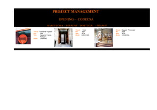 PROJECT MANAGEMENT

                              OPENING – CODECSA
                  BARCELONA – ESPAGNE – PORTUGAL – FRANCE
                                      Travail  Hotel        Travail Magasin “Pronovias”
Travail Académie Anglaise             Fini    2001          Fini    2000
Fini    1999                          Ville   BCN           Ville    BCN
Ville   Espagne, France,              Entité CODECSA        Entité CODECSA
        Portugal
Entité   OPENING
 