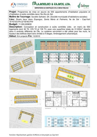 Projet: Programme de mise en oeuvre de 550 appartements d’habitation populaire et 
d’habitation à coûts contrôlés dans l’Ile Ilha do Sal. 
Maître de l’ouvrage: Société Salhabit, SA. (Société municipale d’habitations sociales) 
Lieu: Divers lieux dans Espargos, Santa Maria et Palmeira, île de Sal - Cap-Vert 
16°43'35.8"N 22°55'46.9"W 
Budget: 11.000.000€00 
Description: Conception et construction à coûts contrôlés (clés en main) de 550 
logements dont 36 T0, 378 T2 et 136 T3, avec une superficie totale de 31.000m2 répartis 
dans 6 endroits différents de l’Île. Le système sol-ciment a été utilisé pour les murs, la 
hauteur des édifices étant donc limitée á 4 étages. Aménagement urbanistique. 
Début: Em projecto Fin: 12/2010 
Fonction: Représentant, gestion d’affaires et de projets au Cap-Vert 
 