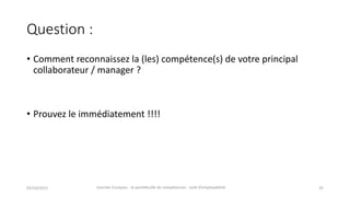 Question	:
• Comment	reconnaissez	la	(les)	compétence(s)	de	votre	principal	
collaborateur	/	manager	?
• Prouvez	le	immédiatement	!!!!
02/10/2017 Journée	Europass	:	le	portefeuille	de	compétences	:	outil	d’employabilité	 35
 