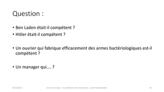 Question	:	
• Ben	Laden	était-il	compétent	?
• Hitler	était-il	compétent	?
• Un	ouvrier	qui	fabrique	efficacement	des	armes	bactériologiques	est-il	
compétent	?
• Un	manager	qui….	?
02/10/2017 Journée	Europass	:	le	portefeuille	de	compétences	:	outil	d’employabilité	 36
 