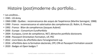 Histoire	(post)moderne	du	portfolio…
• Les	ancêtres…
• 1945	:	US	Army
• 1960-1980	:	Québec	:	reconnaissance	des	acquis	de	l’expérience	(Marthe	Sanregret,	1988)
• 1990	:	France	:	reconnaissance	et	valorisation	des	compétences	(G.	Robin,	G.	Pineau)
• 1992	:	France	:	Bilan	de	compétences	(Jacques	Aubret)
• 2000	:	Europe	:	Consortium	EuroPortfolio
• 2004	:	Europass,	Livret	de	compétence,	NCT,	démarche	portfolio	doctorants
• 2008	:	Passeport	Orientation	Formation,	LIF,	PEC
• 2012	:	Livre	blanc	du	ePortfolio dans	l’enseignement	sup.
• 2016	:	ePortfolio dans	la	formation	doctorale,	CPF,	CPA	et	Passeport	Formation	associé
• 2020	:	Badges	et	Open	badges	?
01/10/2017 Journée	Europass	:	le	portefeuille	de	compétences	:	outil	d’employabilité	 6
 