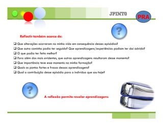 PRA


 Reflectir também acerca de:
Que alterações ocorreram na minha vida em consequência desses episódios?
Que outro caminho podia ter seguido? Que aprendizagens/experiências podiam ter daí advido?
O que podia ter feito melhor?
Para além das mais evidentes, que outras aprendizagens resultaram desse momento?
Que importância teve esse momento na minha formação?
Quais os pontos fortes e fracos dessas aprendizagens?
Qual a contribuição desse episódio para o indivíduo que sou hoje?




                  A reflexão permite revelar aprendizagens
 