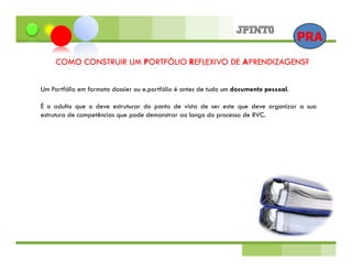 PRA
     COMO CONSTRUIR UM PORTFÓLIO REFLEXIVO DE APRENDIZAGENS?


Um Portfólio em formato dossier ou e.portfólio é antes de tudo um documento pessoal.

É o adulto que o deve estruturar do ponto de vista de ser este que deve organizar a sua
estrutura de competências que pode demonstrar ao longo do processo de RVC.
 