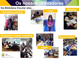 BE Lorosae | Agrupamento de Escolas Carlos Gargaté
Os nossos utilizadores
Na Biblioteca Escolar eles… Estudam
Leem
Escolhem Leituras
Pesquisam e fazem trabalhos
Jogam
Descontraem
 