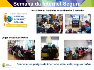 BE Lorosae | Agrupamento de Escolas Carlos Gargaté
Semana da Internet Segura
Conhecer os perigos da internet é saber estar seguro online
jogos educativos online
visualização de filmes subordinados à temática
 