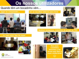 BE Lorosae | Agrupamento de Escolas Carlos Gargaté
Os nossos utilizadores
Quando têm um bocadinho vêm…
ler ou escolher leituras para levarjogar no computador…
… ou com outro tipo de jogos
Nos seus
cantinhos
favoritos e da
forma que lhes é
mais confortável

Realizar pesquisas, trabalhos de grupo ou TPC
 