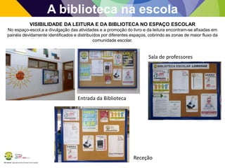 BE Lorosae | Agrupamento de Escolas Carlos Gargaté
A biblioteca na escola
VISIBILIDADE DA LEITURA E DA BIBLIOTECA NO ESPAÇO ESCOLAR
No espaço-escol,a a divulgação das atividades e a promoção do livro e da leitura encontram-se afixadas em
painéis devidamente identificados e distribuídos por diferentes espaços, cobrindo as zonas de maior fluxo da
comunidade escolar.
Entrada da Biblioteca
Sala de professores
Receção
 