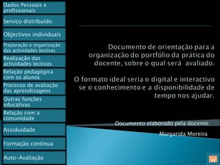 Documento elaborado pela docente: Margarida Moreira   H Dados Pessoais e profissionais Preparação e organização das actividades lectivas Outras funções educativas Relação com a comunidade Serviço distribuído Assiduidade Formação contínua Objectivos individuais Realização das actividades lectivas Relação pedagógica com os alunos Processo de avaliação das aprendizagens  Auto-Avaliação 