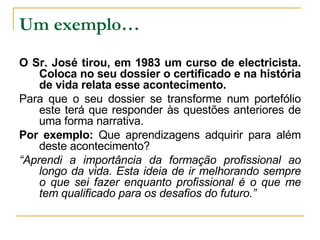 Um exemplo… O Sr. José tirou, em 1983 um curso de electricista. Coloca no seu dossier o certificado e na história de vida relata esse acontecimento. Para que o seu dossier se transforme num portefólio este terá que responder às questões anteriores de uma forma narrativa. Por exemplo:  Que aprendizagens adquirir para além deste acontecimento? “ Aprendi a importância da formação profissional ao longo da vida. Esta ideia de ir melhorando sempre o que sei fazer enquanto profissional é o que me tem qualificado para os desafios do futuro.” 