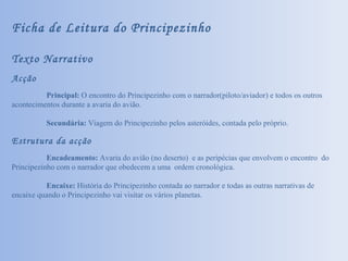 Ficha de Leitura do Principezinho Texto Narrativo Acção Principal:  O encontro do Principezinho com o narrador(piloto/aviador) e todos os outros acontecimentos durante a avaria do avião. Secundária:  Viagem do Principezinho pelos asteróides, contada pelo próprio. Estrutura da acção Encadeamento:  Avaria do avião (no deserto)  e as peripécias que envolvem o encontro  do Principezinho com o narrador que obedecem a uma  ordem cronológica. Encaixe:  História do Principezinho contada ao narrador e todas as outras narrativas de encaixe quando o Principezinho vai visitar os vários planetas. 