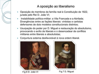 A oposição ao liberalismo
 Oposição de membros da família real à Constituição de 1822,
jurada pelo Rei D. João VI;
 Instabilidade político-militar: a Vila Francada e a Abrilada;
Divergências entre as fações liberais: vintistas e cartistas
defensores de dois modelos constitucionais distintos;
 Usurpação do poder por D. Miguel e restauração do absolutismo,
provocando o exílio de liberais e o desencadear de conflitos
militares entre liberais e absolutistas;
 Conjuntura externa desfavorável à nova ordem liberal.
Fig.6 D. João VI Fig.7 D. Miguel
 