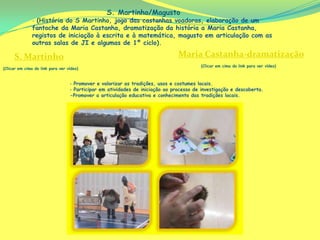 S. Martinho/Magusto
               - (História do S Martinho, jogo das castanhas voadoras, elaboração de um
               fantoche da Maria Castanha, dramatização da história a Maria Castanha,
               registos de iniciação à escrita e à matemática, magusto em articulação com as
               outras salas de JI e algumas de 1º ciclo).

     S. Martinho                                                               Maria Castanha-dramatização
                                                                                        (Clicar em cima do link para ver vídeo)
(Clicar em cima do link para ver vídeo)


                                  ‐ Promover e valorizar as tradições, usos e costumes locais.
                                  ‐ Participar em atividades de iniciação ao processo de investigação e descoberta.
                                  -Promover a articulação educativa e conhecimento das tradições locais.
 