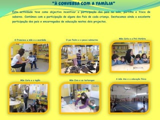 “À conversa com a Família”
Esta actividade teve como objectivo incentivar a participação dos pais na sala, partilha e troca de
saberes. Contámos com a participação de alguns dos Pais de cada criança. Destacamos ainda a excelente
participação dos pais e encarregados de educação nestes dois projectos.
O Francisco a mãe e o acordeão
Mãe Carla e o inglês
Mãe Carla e a Pré-História
O pai Pedro e a pesca submarina
A mãe Ana e a educação física
Mãe Zaia e as tartarugas
 
