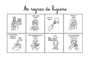 As regras de higiene
Pentear o
cabelo
Lavar as mãos
antes das
refeições
Lavar os dentes após as
refeições
Usar um lenço para
assoar o nariz
Cortar as
unhas
Usar roupas
limpas
 