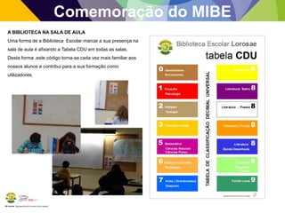 BE Lorosae | Agrupamento de Escolas Carlos Gargaté 
Comemoração do MIBE 
A BIBLIOTECA NA SALA DE AULA 
Uma forma de a Biblioteca Escolar marcar a sua presença na 
sala de aula é afixando a Tabela CDU em todas as salas. 
Desta forma ,este código torna-se cada vez mais familiar aos 
nossos alunos e contribui para a sua formação como 
utilizadores. 
 