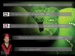 MES FORMATIONS BTS agenceur d’espaces intérieurs (2009-2011) Classe de préparations aux métiers des arts appliqués (2008-2009) Niveau Baccalauréat série économique et social (2004)  Brevet des collèges (2000) 