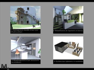 2-Réhabilitation de logement en bureau  3-Réaménagement d’une menuiserie en résidence  1-Aménagement durable d’une cuve d’hydrocarbure  4-Architecture éphémère et modulable  