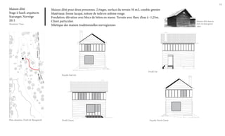 10

Maison d’été
Stage à Saark arquitects
Stavanger, Norvège
2011
Situation/ Vues

Maison d’été pour deux personnes. 2 étages, surface du terrain 50 m2, comble-grenier
Matériaux: fresne lacqué, toiture de tuile en ardoise rouge.
Fondation: élévation avec blocs de béton en masse. Terrain avec flanc d’eau à -1,25m.
Client particulier.
Sthétique des maison traditionnelles norvegiennes

Randaberg

Profil Est
r
ange
Stav

Plan situation. Forêt de Bjergsterd

Façade Sud-est

Profil Ouest

Façade Nord-Ouest

Maison d’été dans la
forêt de Bejergsted.
1969

 
