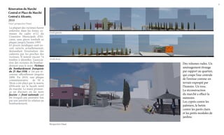 4

Rénovation du Marché
Central et Place du Marché
Central à Alicante,
2010
Vues/ perspective Ouest

La plupart des victimes furent
enterrées dans les fosses comunes du cadre nº12 du
Cimetière Municipale d’Alicante, sans pierre tombale ni
plaque jusqu’à l’année 1995.
63 procès juridiques sont encore ouverts actuellemenent,
demandant l’exumation des
cadavres par les proches des
victimes. Il restent encore 74
tombes à identifier. L’association des victimes du bombardement sous le nom: Victimes
du bombardement franquiste
du 25 Mai 1938, n’ est pas réconnue officiellment jusqu’en
2008. En 2010, une plaque
commémorative de 50 x
30cm a été placé par la mairie
d’Alicante sur le façade nord
du marché. Le maire prononça un discours où les mots
fasciste et front nationale ont
été évoqués par première fois
par une autorité en relation au
bombardement.

Profil gauche

Profil droit

Des volumes rudes. Un
aménagement étrange
par rapport au quartier,
qui coupe l’axe centrale
de l’avenue comme un
terrain expropié par
l’histoire. Un trou.
La réconstruction
du marché a effacé la
mémoire.
Les cyprès contre les
palmiers, le betón
contre les pavés clairs
et les petits modules de
jardins.
Perspective Ouest

 