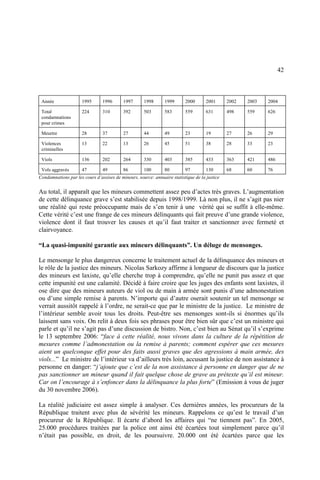 42
Année 1995 1996 1997 1998 1999 2000 2001 2002 2003 2004
Total
condamnations
pour crimes
224 310 392 503 583 559 631 498 559 626
Meurtre 28 37 27 44 49 23 19 27 26 29
Violences
criminelles
13 22 13 26 45 51 38 28 33 23
Viols 136 202 264 330 403 385 433 363 421 486
Vols aggravés 47 49 86 100 80 97 130 68 60 76
Condamnations par les cours d’assises de mineurs, source: annuaire statistique de la justice
Au total, il apparaît que les mineurs commettent assez peu d’actes très graves. L’augmentation
de cette délinquance grave s’est stabilisée depuis 1998/1999. Là non plus, il ne s’agit pas nier
une réalité qui reste préoccupante mais de s’en tenir à une vérité qui se suffit à elle-même.
Cette vérité c’est une frange de ces mineurs délinquants qui fait preuve d’une grande violence,
violence dont il faut trouver les causes et qu’il faut traiter et sanctionner avec fermeté et
clairvoyance.
“La quasi-impunité garantie aux mineurs délinquants”. Un déluge de mensonges.
Le mensonge le plus dangereux concerne le traitement actuel de la délinquance des mineurs et
le rôle de la justice des mineurs. Nicolas Sarkozy affirme à longueur de discours que la justice
des mineurs est laxiste, qu’elle cherche trop à comprendre, qu’elle ne punit pas assez et que
cette impunité est une calamité. Décidé à faire croire que les juges des enfants sont laxistes, il
ose dire que des mineurs auteurs de viol ou de main à armée sont punis d’une admonestation
ou d’une simple remise à parents. N’importe qui d’autre oserait soutenir un tel mensonge se
verrait aussitôt rappelé à l’ordre, ne serait-ce que par le ministre de la justice. Le ministre de
l’intérieur semble avoir tous les droits. Peut-être ses mensonges sont-ils si énormes qu’ils
laissent sans voix. On relit à deux fois ses phrases pour être bien sûr que c’est un ministre qui
parle et qu’il ne s’agit pas d’une discussion de bistro. Non, c’est bien au Sénat qu’il s’exprime
le 13 septembre 2006: “face à cette réalité, nous vivons dans la culture de la répétition de
mesures comme l’admonestation ou la remise à parents; comment espérer que ces mesures
aient un quelconque effet pour des faits aussi graves que des agressions à main armée, des
viols...” Le ministre de l’intérieur va d’ailleurs très loin, accusant la justice de non assistance à
personne en danger: “j’ajoute que c’est de la non assistance à personne en danger que de ne
pas sanctionner un mineur quand il fait quelque chose de grave au prétexte qu’il est mineur.
Car on l’encourage à s’enfoncer dans la délinquance la plus forte” (Emission à vous de juger
du 30 novembre 2006).
La réalité judiciaire est assez simple à analyser. Ces dernières années, les procureurs de la
République traitent avec plus de sévérité les mineurs. Rappelons ce qu’est le travail d’un
procureur de la République. Il écarte d’abord les affaires qui “ne tiennent pas”. En 2005,
25.000 procédures traitées par la police ont ainsi été écartées tout simplement parce qu’il
n’était pas possible, en droit, de les poursuivre. 20.000 ont été écartées parce que les
 