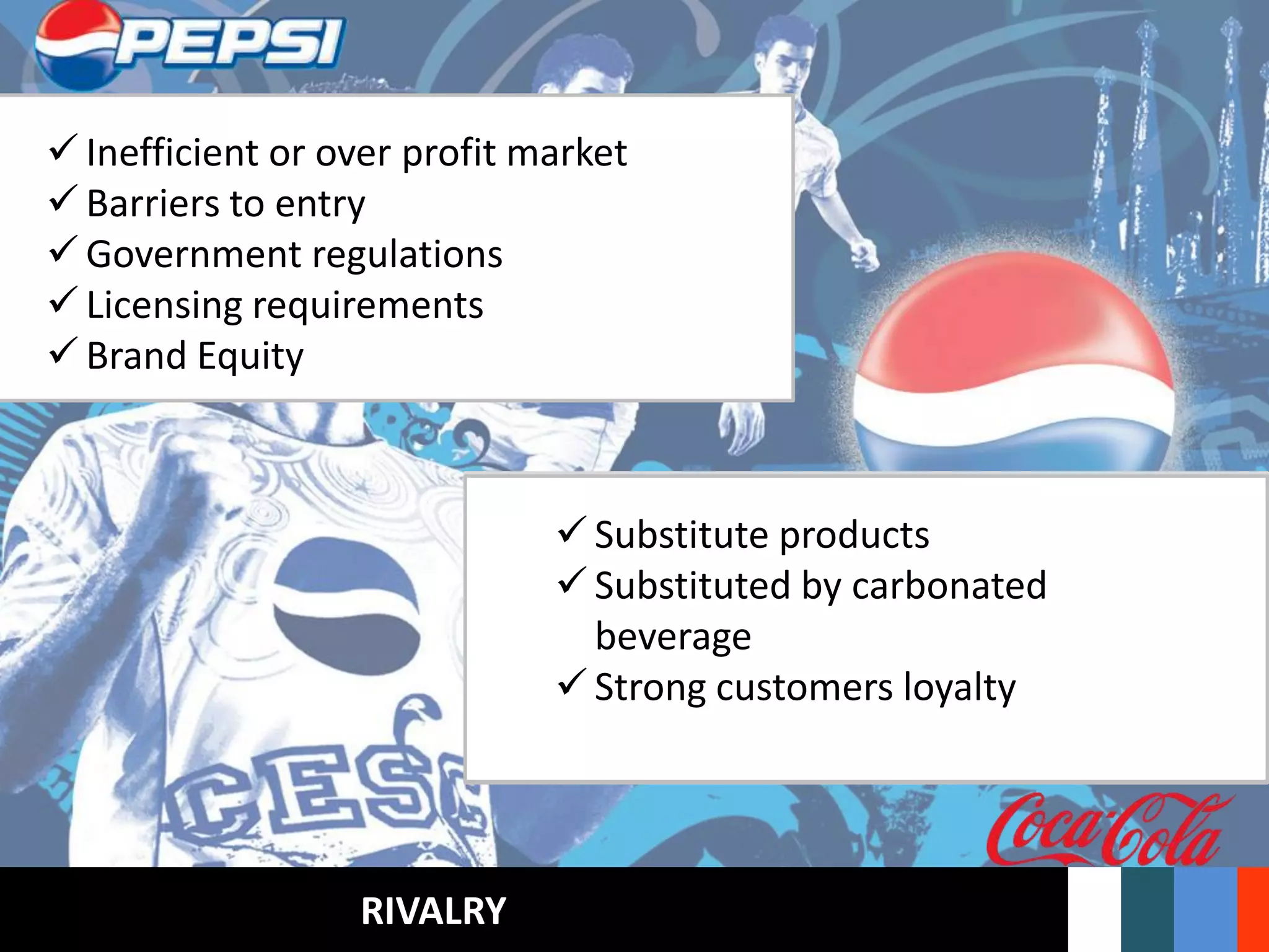 SUPPLIER POWERBUYER POWERTHREAT FROM SUBSTITUTESTHREAT FROM NEW ENTRANTSRIVALRY
 Raw material, labor supply
 Switching costs
 Substitute inputs
 Threat of forward integration
 Putting firms under pressure
 Buyers price sensitivity
 Avail. Of substitutes
 Competing with non price competition
 Rate of industry growth
 Diversity of competitors
 Exit barriers
 Low rivalry amongst existing
competitors
 Rate of growth in industry
 Costs on advertising and innovations
 Lower buyer bargaining power
 Convenience Stores
 Selling through Vending machines
 Higher entry barrier
 Established firms
 Difficult to sustain
 Government regulations
 Well brand name
 Switching to corn syrup
 Price competition
 Low bargaining power
 Lesser Alternatives
 Buyer switching costs
 Perceived level of product
differentiation
 Substitute products
 Substituted by carbonated
beverage
 Strong customers loyalty
 Inefficient or over profit market
 Barriers to entry
 Government regulations
 Licensing requirements
 Brand Equity
 