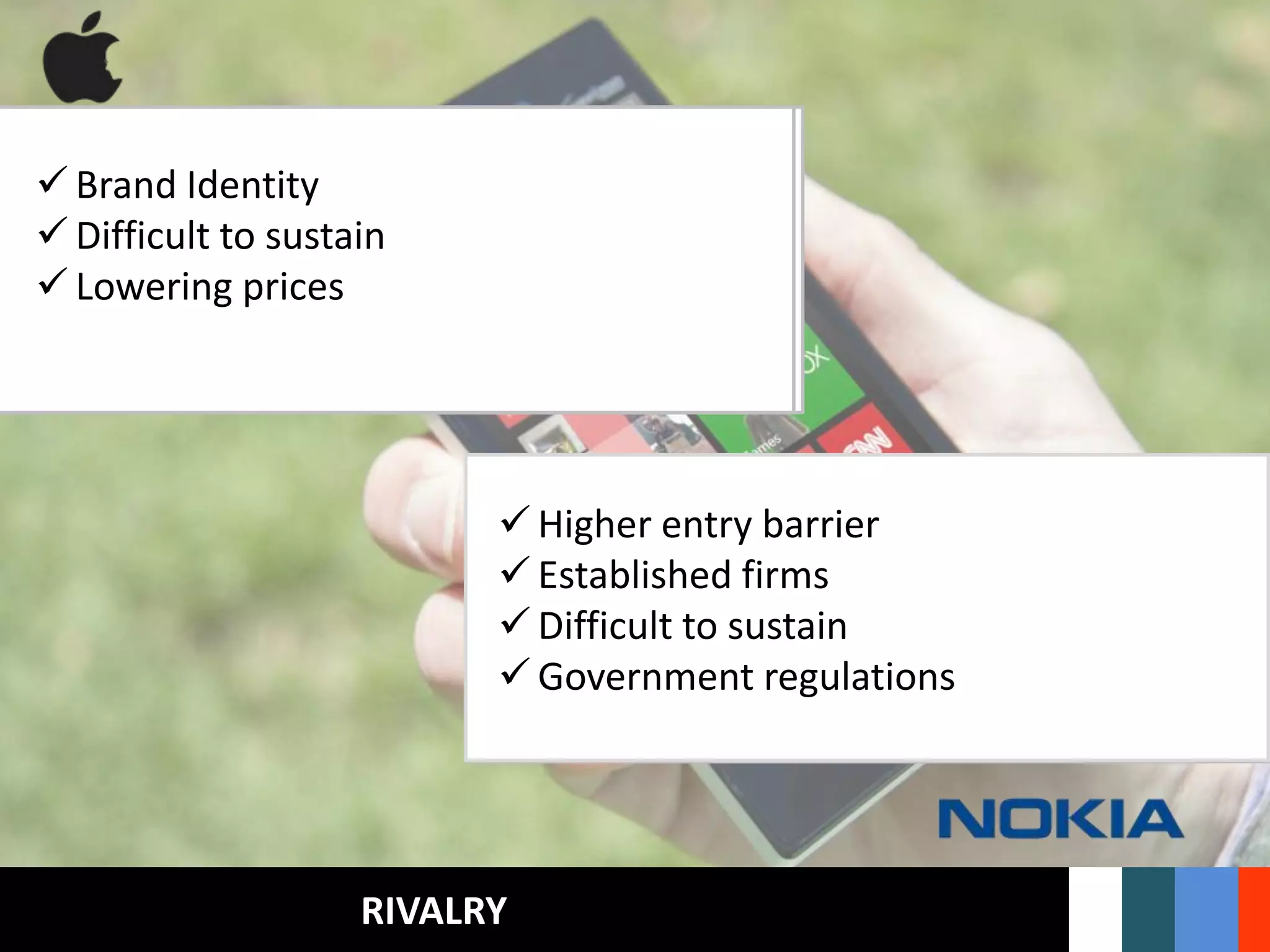 SUPPLIER POWERBUYER POWERTHREAT FROM SUBSTITUTESTHREAT FROM NEW ENTRANTSRIVALRY
 Strong Competition
 Exorbitant prices
 Getting less popular
 Expensive Softwares
 Rivals are way ahead
 Rigid behavior
 Slow pace
 Samsung’s consumer base
 Large no. of suppliers
 Very strong bargaining power
 Strong market share
 Microsoft power
 Lower supplier power
 Changeable ,supplier power
 Favorable Pricing
 Buyers have less choices
 Apple is the best in its graphics
 Strong brand loyalty
 Habitual Customers
 Wide choices for the consumers
 Consumer power
 Price In-differentiation
 Consumer attachment
 Available Substitutes
 Price Differences
 Cheap Hardware
 Strong Brand Position
 Strong brand recognition
 Substitutes like Skype, Facebook
 Cheaper Handsets
 Durability
 Higher entry barrier
 Established firms
 Difficult to sustain
 Government regulations
 Brand Identity
 Difficult to sustain
 Lowering prices
 