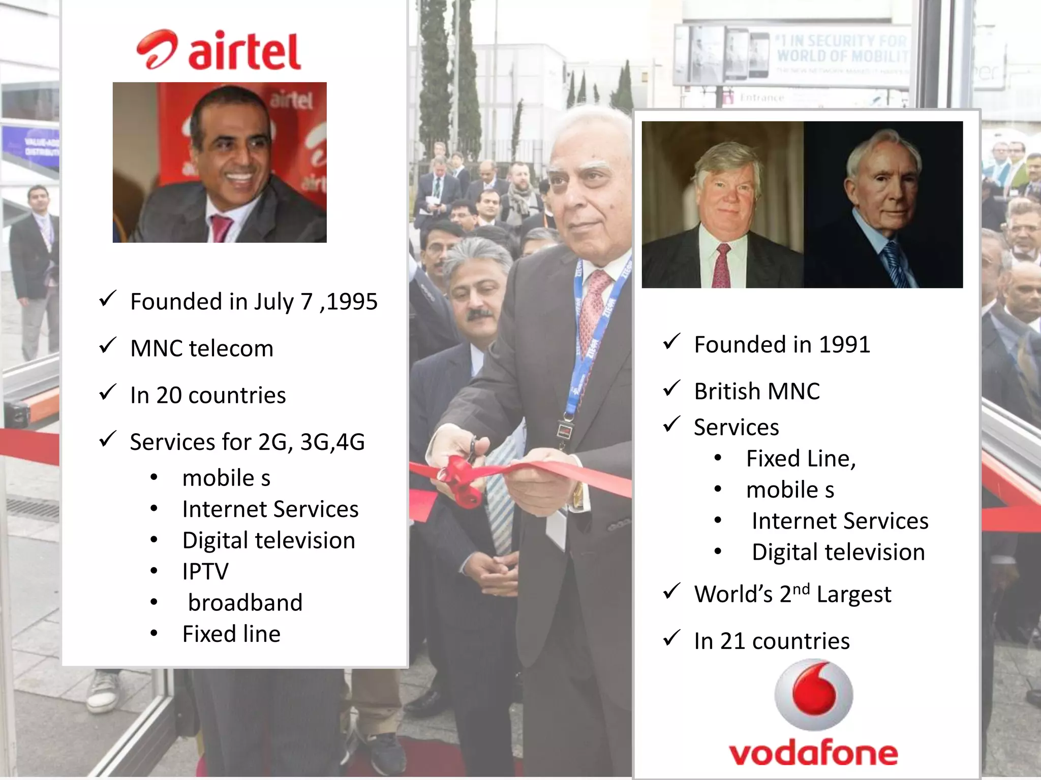  Founded in July 7 ,1995
 MNC telecom
 In 20 countries
 Services for 2G, 3G,4G
• mobile s
• Internet Services
• Digital television
• IPTV
• broadband
• Fixed line
 Founded in 1991
 British MNC
 Services
• Fixed Line,
• mobile s
• Internet Services
• Digital television
 World’s 2nd Largest
 In 21 countries
 