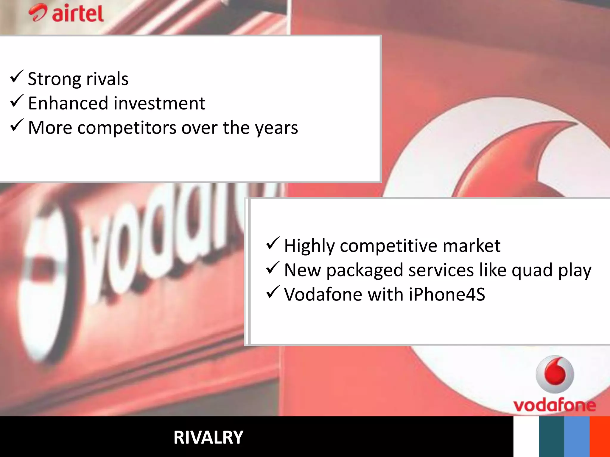 SUPPLIER POWERBUYER POWERTHREAT FROM SUBSTITUTESTHREAT FROM NEW ENTRANTSRIVALRY
 Switch Suppliers, Tower Service
 Limited Network Equipments
 Providers
 Suppliers
 vodafone is a cost leader
 absorb price increases from suppliers
 Hold suppliers costs down
 Cut throat competition
 Number portability
 International Roaming charges
 Better buyer position
 No bulk Purchase
 Number portability
 New Connections and schemes
 New Plans
 Strong Subscribers position
 Heavy Capital investment
 Idea Cellular growing rapidly
 New licenses to new entrants
 NLD/ILD Operations
 Shifts from voice calls to text message
 Skype & voice services gain popularity
 Internet powered softwares
 Threat with 4G technology
 Easy Avail of Substitutes
 Reliance had more growth rate
 Services like Skype, yahoo posing threat
 Cheaper substitues
 Capital intensive
 Upcoming 4G costs
 Already striving operators
 Strong rivals
 Enhanced investment
 More competitors over the years
 Highly competitive market
 New packaged services like quad play
 Vodafone with iPhone4S
 