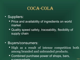 Ch2-
CoCa-Cola
• Suppliers:
 Price and availability of ingredients on world
market
 Quality speed safety, traceability, flexibility of
supply chain
• Buyers/consumers:
 High as a result of intense competition both
among branded and unbranded products.
 Combined purchase power of shops, bars,
 