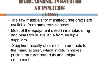  The raw materials for manufacturing drugs are
available from numerous sources.
 Most of the equipment used in manufacturing
and research is available from multiple
suppliers.
 Suppliers usually offer multiple products to
the manufacturer, which in return makes
pricing on rarer materials and unique
equipment.
BARGAINING POWEROF
SUPPLIERS
(LOW)
 