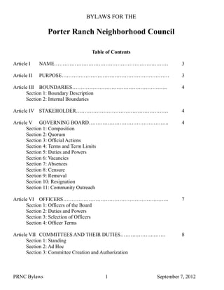 BYLAWS FOR THE

Porter Ranch Neighborhood Council
Table of Contents
Article I

NAME………………………………………………….………

3

Article II

PURPOSE………………………………………………………

3

Article III BOUNDARIES………………………………………………..
Section 1: Boundary Description
Section 2: Internal Boundaries

4

Article IV STAKEHOLDER………………………………………………

4

Article V GOVERNING BOARD………………………………………..
Section 1: Composition
Section 2: Quorum
Section 3: Official Actions
Section 4: Terms and Term Limits
Section 5: Duties and Powers
Section 6: Vacancies
Section 7: Absences
Section 8: Censure
Section 9: Removal
Section 10: Resignation
Section 11: Community Outreach

4

Article VI OFFICERS……………………………………………….…….
Section 1: Officers of the Board
Section 2: Duties and Powers
Section 3: Selection of Officers
Section 4: Officer Terms

7

Article VII COMMITTEES AND THEIR DUTIES……….……….…….
Section 1: Standing
Section 2: Ad Hoc
Section 3: Committee Creation and Authorization

8

PRNC Bylaws

1

January 26, 2014

 
