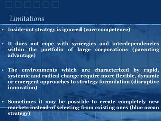 Limitations
• Inside-out strategy is ignored (core competence)
• It does not cope with synergies and interdependencies
within the portfolio of large corporations (parenting
advantage)
• The environments which are characterized by rapid,
systemic and radical change require more flexible, dynamic
or emergent approaches to strategy formulation (disruptive
innovation)
• Sometimes it may be possible to create completely new
markets instead of selecting from existing ones (blue ocean
strategy)
 