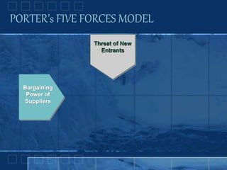 Bargaining
Power of
Suppliers
Threat of
New
Entrants
Threat of New
Entrants
PORTER’s FIVE FORCES MODEL
 