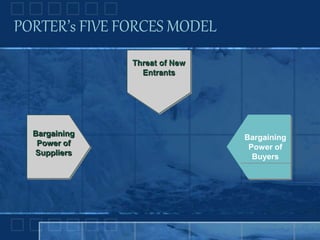 Bargaining
Power of
Buyers
Threat of
New
Entrants
Threat of New
Entrants
Bargaining
Power of
Suppliers
PORTER’s FIVE FORCES MODEL
 