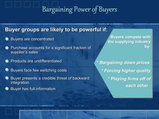 Bargaining Power of Buyers
Buyers compete with
the supplying industry
by:
* Bargaining down prices
* Forcing higher quality
* Playing firms off of
each other
Buyer groups are likely to be powerful if:
Buyers are concentrated
Purchase accounts for a significant fraction of
supplier’s sales
Products are undifferentiated
Buyers face few switching costs
Buyer presents a credible threat of backward
integration
Buyer has full information
 
