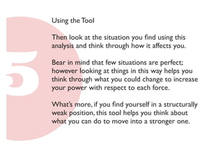 Using the Tool 
Then look at the situation you find using this 
analysis and think through how it affects you. 
Bear in mind that few situations are perfect; 
however looking at things in this way helps you 
think through what you could change to increase 
your power with respect to each force. 
What’s more, if you find yourself in a structurally 
weak position, this tool helps you think about 
what you can do to move into a stronger one. 
 