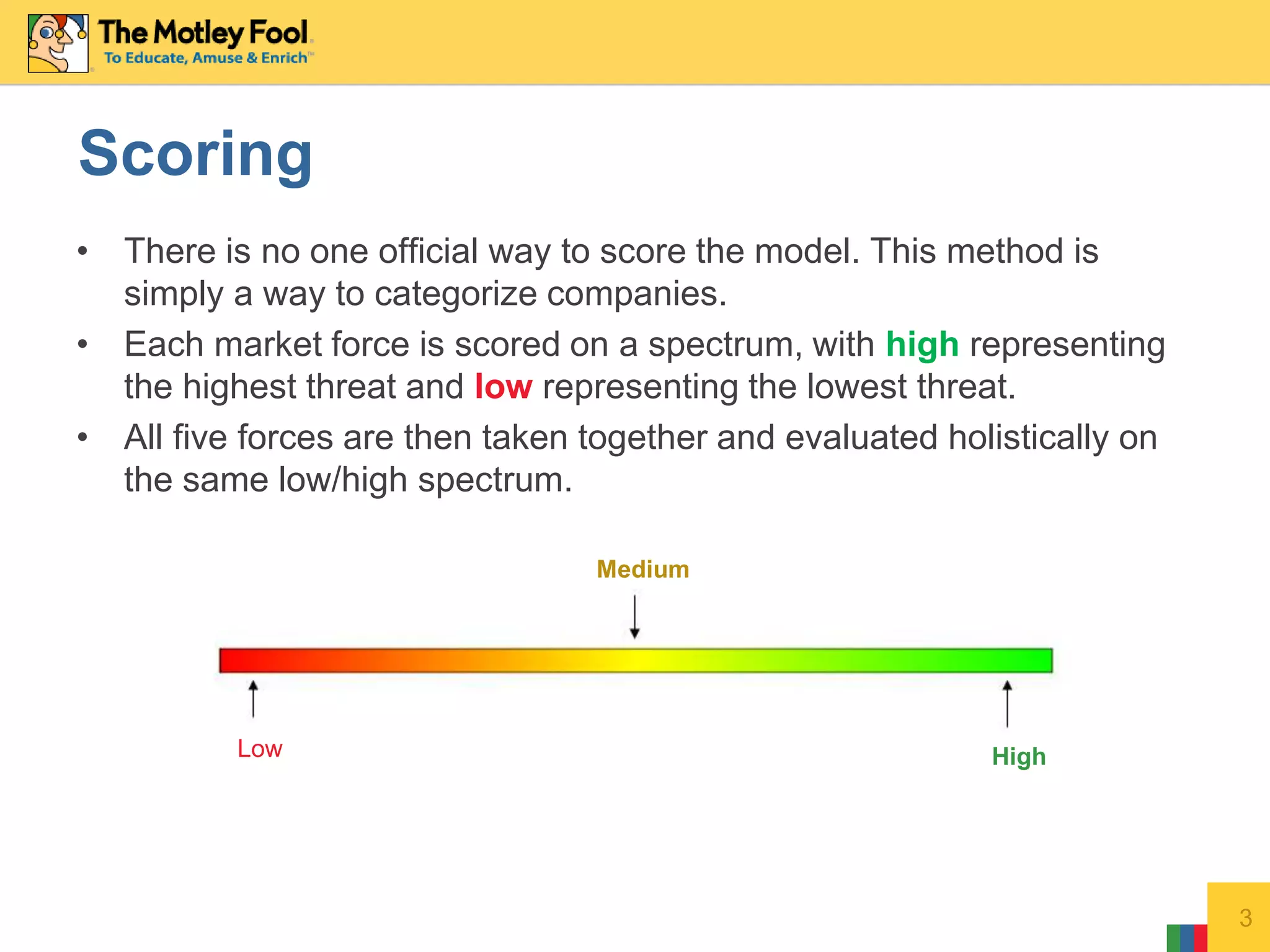 • There is no one official way to score the model. This method is
simply a way to categorize companies.
• Each market force is scored on a spectrum, with high representing
the highest threat and low representing the lowest threat.
• All five forces are then taken together and evaluated holistically on
the same low/high spectrum.
3
Scoring
Low High
Medium
 