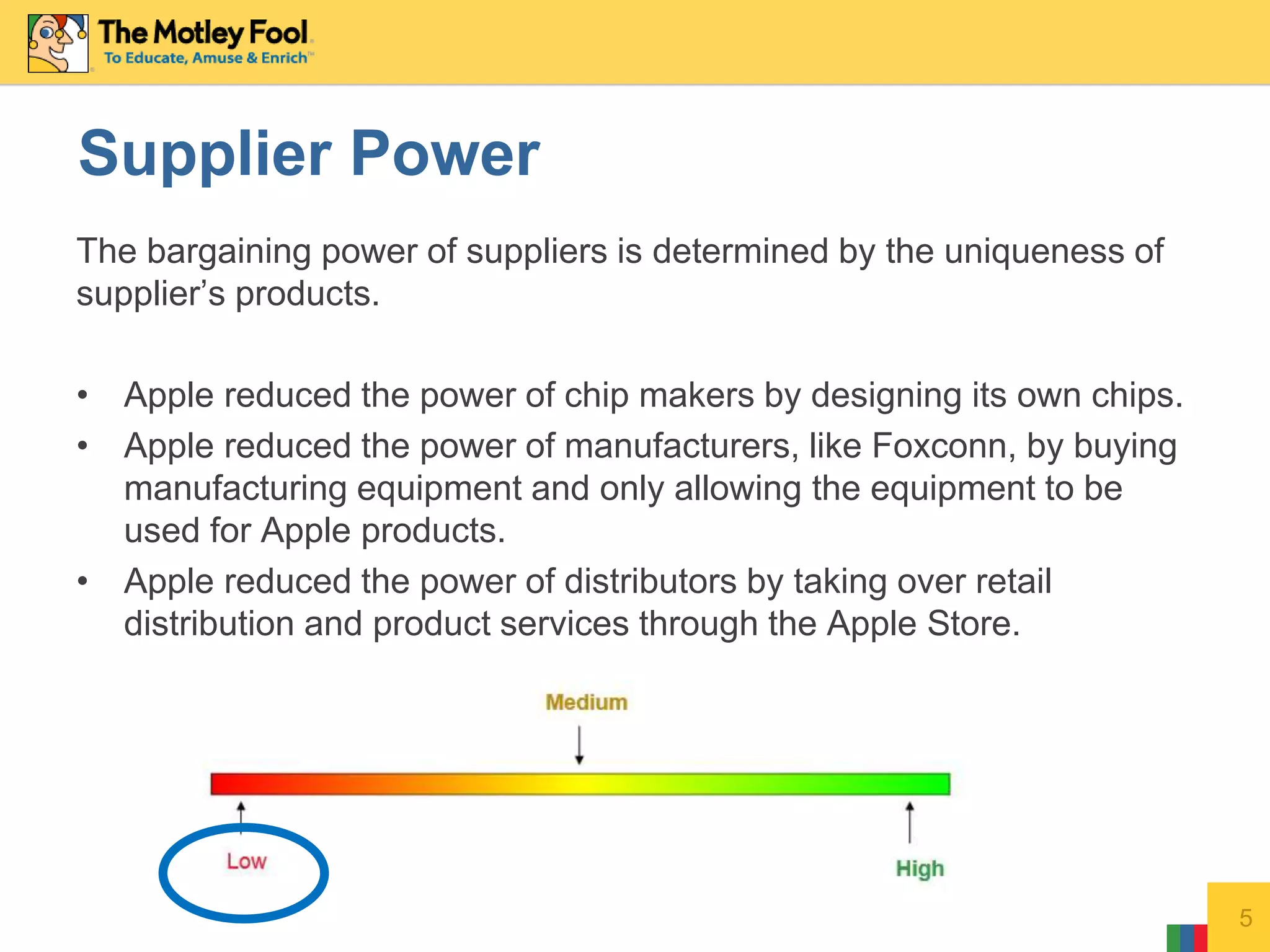 The bargaining power of suppliers is determined by the uniqueness of
supplier’s products.
• Apple reduced the power of chip makers by designing its own chips.
• Apple reduced the power of manufacturers, like Foxconn, by buying
manufacturing equipment and only allowing the equipment to be
used for Apple products.
• Apple reduced the power of distributors by taking over retail
distribution and product services through the Apple Store.
5
Supplier Power
 