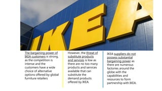 The bargaining power of
IKEA customers is strong,
as the competition is
intense and the
customers have a wide
choice of alternative
options offered by global
furniture retailers
However, the threat of
substitute products
and services is low as
there are no too many
products and services
available that can
substitute the
demand products
offered by IKEA.
IKEA suppliers do not
possess substantial
bargaining power as
there are numerous
factories around the
globe with the
capabilities and
resources to form
partnership with IKEA.
 