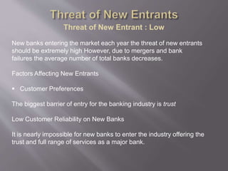Threat of New Entrant : Low
New banks entering the market each year the threat of new entrants
should be extremely high However, due to mergers and bank
failures the average number of total banks decreases.
Factors Affecting New Entrants
 Customer Preferences
The biggest barrier of entry for the banking industry is trust
Low Customer Reliability on New Banks
It is nearly impossible for new banks to enter the industry offering the
trust and full range of services as a major bank.
 