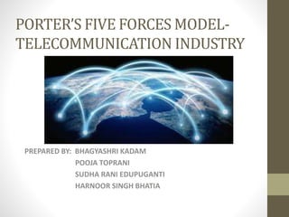 PORTER’S FIVE FORCES MODEL-
TELECOMMUNICATION INDUSTRY
PREPARED BY: BHAGYASHRI KADAM
POOJA TOPRANI
SUDHA RANI EDUPUGANTI
HARNOOR SINGH BHATIA
 