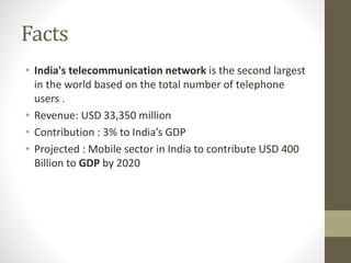 Facts
• India's telecommunication network is the second largest
in the world based on the total number of telephone
users .
• Revenue: USD 33,350 million
• Contribution : 3% to India’s GDP
• Projected : Mobile sector in India to contribute USD 400
Billion to GDP by 2020
 