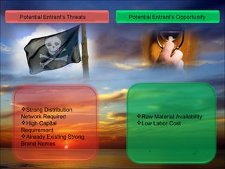 Strong Distribution
Network Required
High Capital
Requirement
Already Existing Strong
Brand Names

Raw Material Availability
Low Labor Cost

 